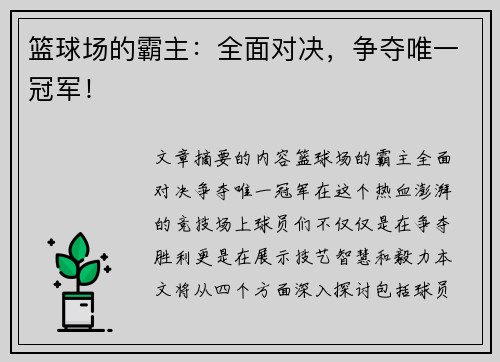 篮球场的霸主：全面对决，争夺唯一冠军！